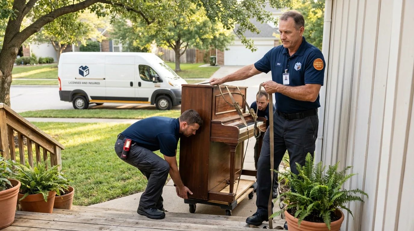 Licensed piano movers securing grand piano in Jefferson, NH