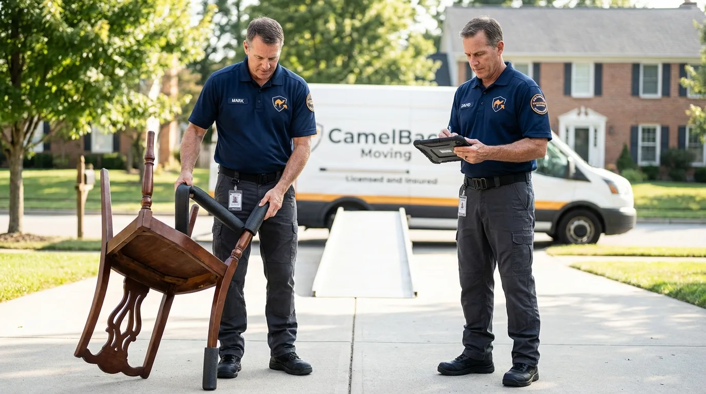 Movers inspecting furniture for damage prevention before loading in Jefferson, NH