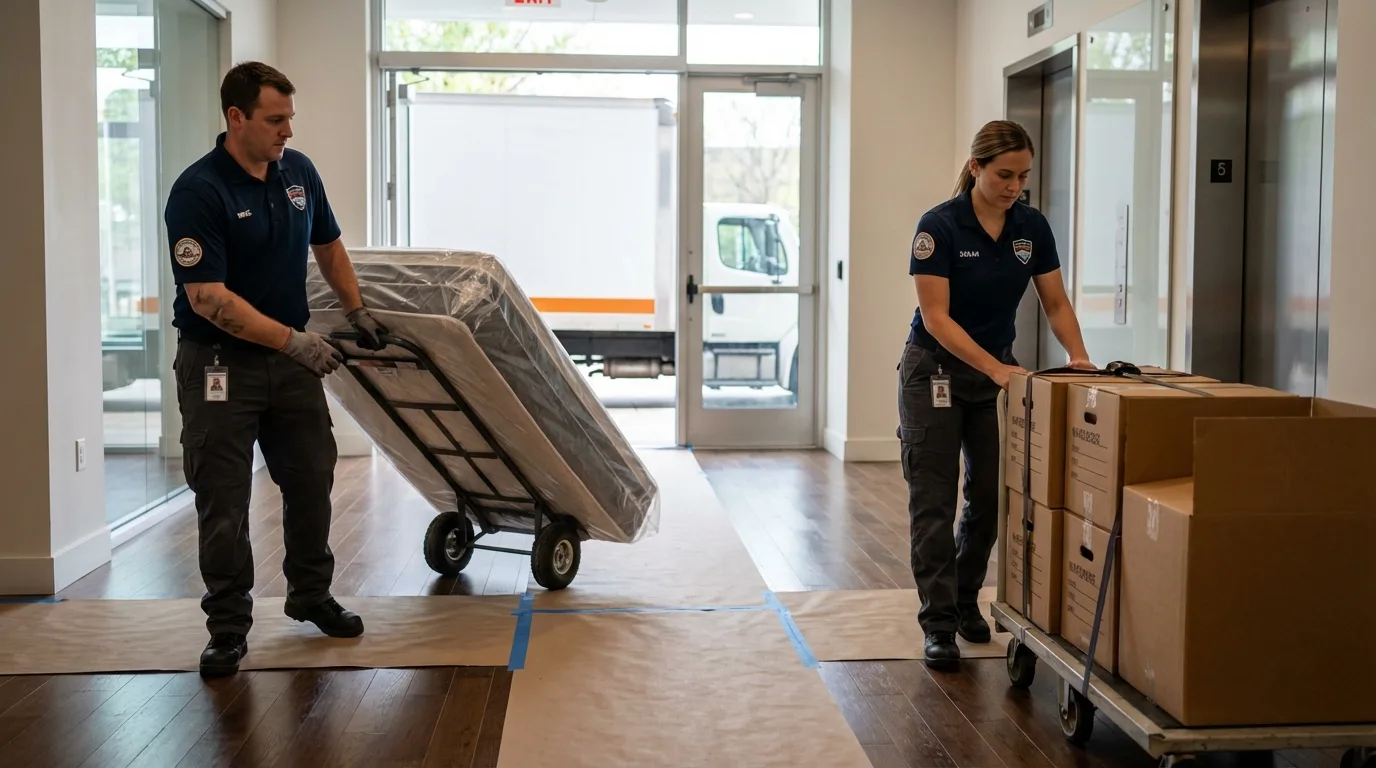 Professional apartment movers loading elevator in Jefferson, NH