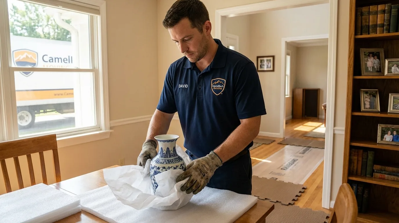 Professional crew carefully wrapping antique vase for senior downsizing move in Jefferson, NH