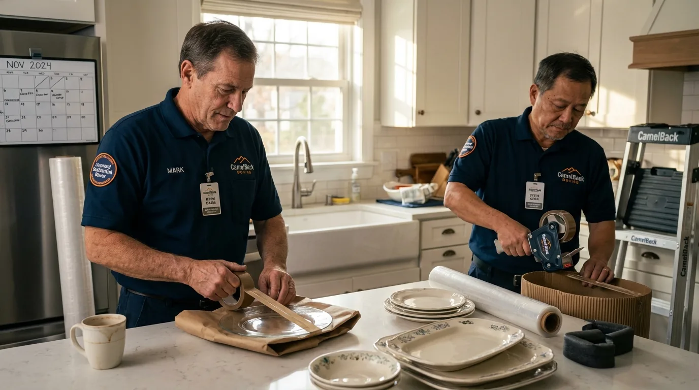 Professional crew packing kitchen dishware in Jefferson, NH